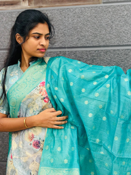 Organza linen saree(Teal green)