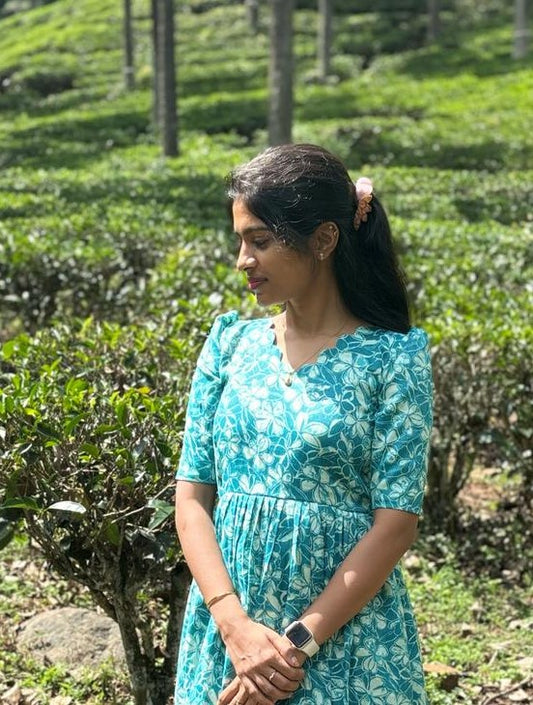 K36 Cotton rayon printed blue maxi