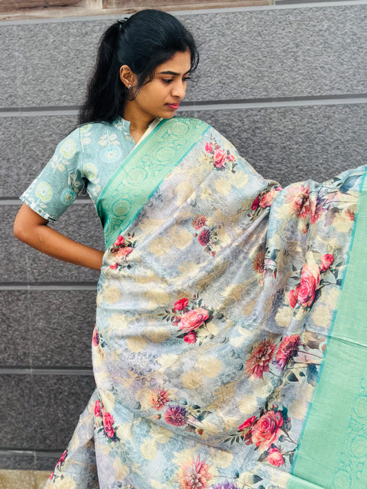 Organza linen saree(Teal green)