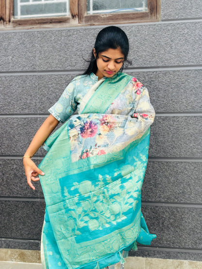 Organza linen saree(Teal green)