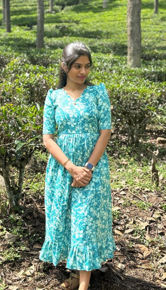 K36 Cotton rayon printed blue maxi